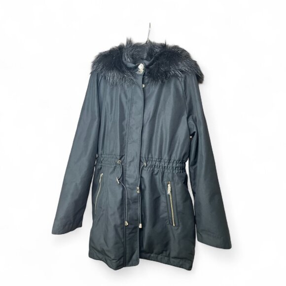 Ted Baker Parkit Black Parka – Faux Fur Hood, Cinch Waist, Ted’s Size 2 / US 6 - Picture 1 of 10